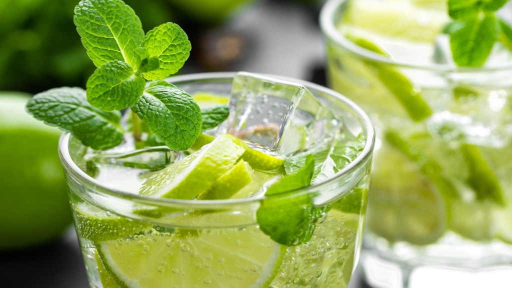 Mint, lime and ice cubes in a glass